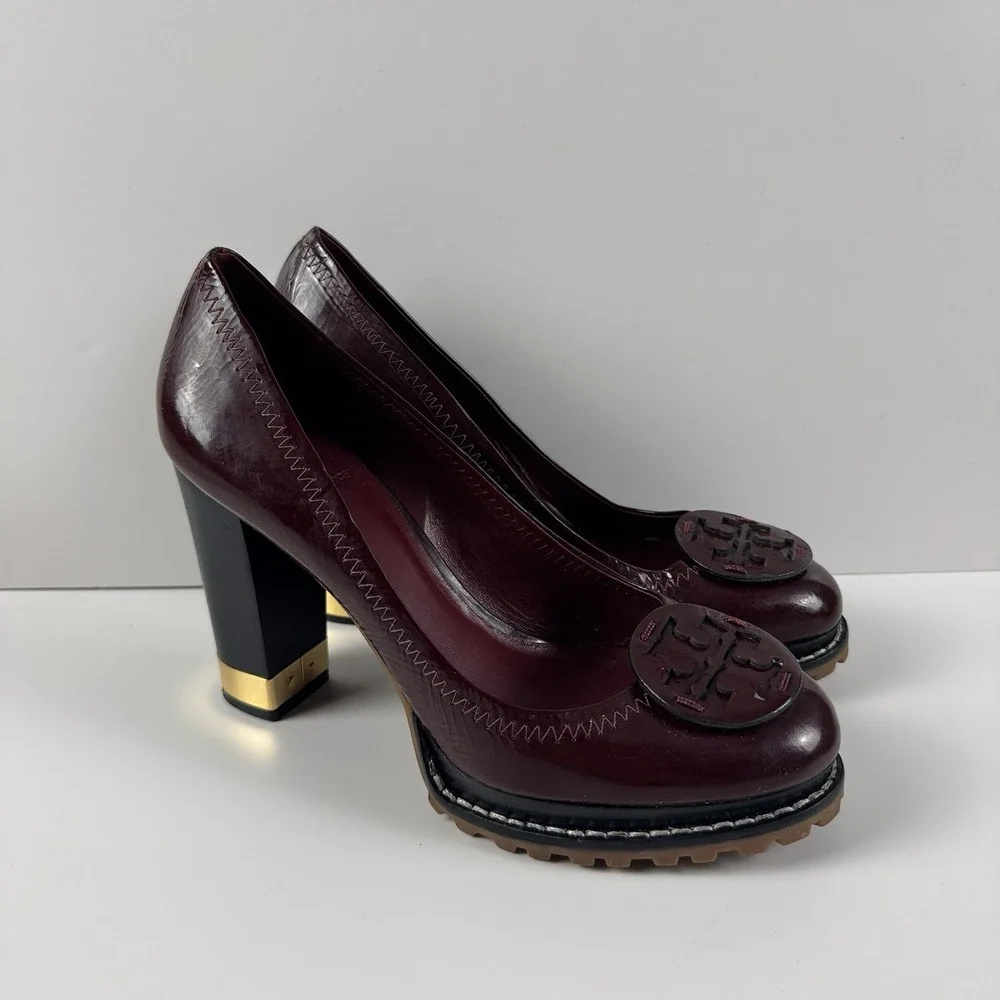 Tory Burch Leanne Burgundy Leather Lug Sole Block Heel Pump Size 7.5